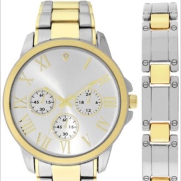 NWOT INC International Concepts Two-tone Link Bracelet Watch 44mm & Bracelet Set - Picture 1 of 4